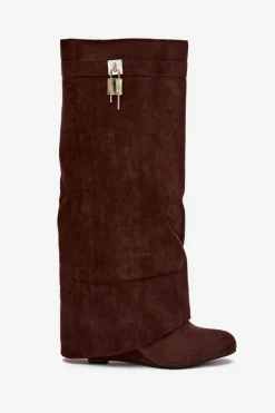 Kozaki Damskie Na Koturnie Z Paskiem I Srebrnym Detalem Czekoladowe Korivelle