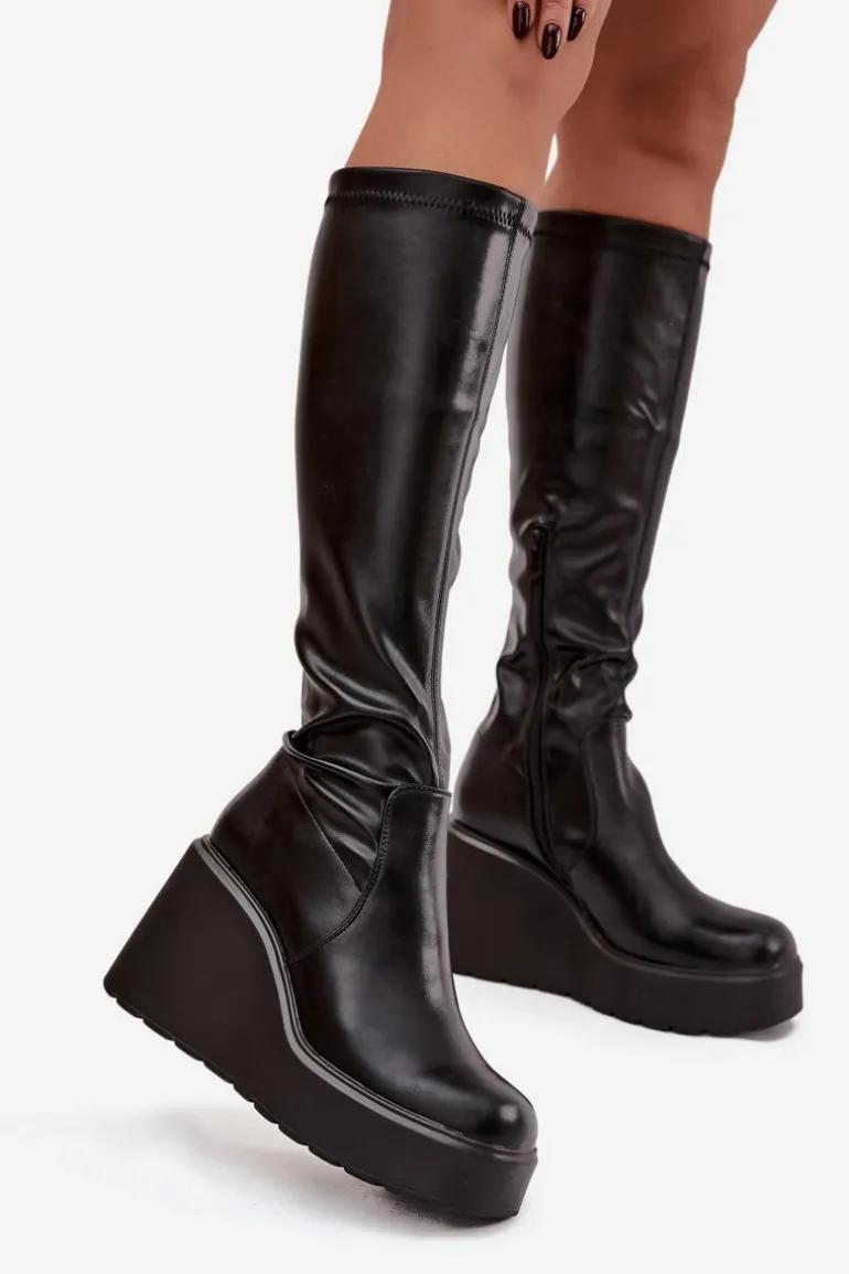 Kozaki Damskie Na Koturnie Czarne Terisse