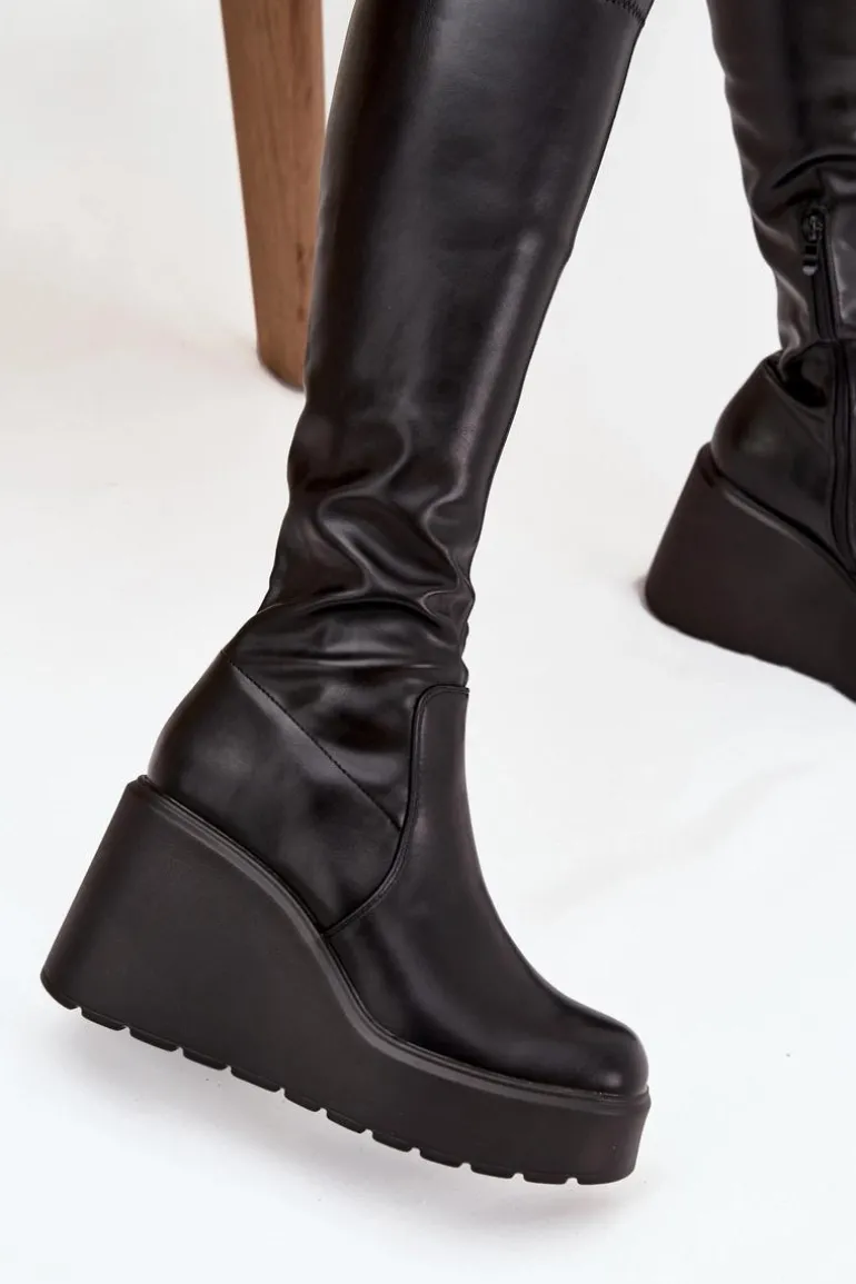 Kozaki Damskie Na Koturnie Czarne Terisse