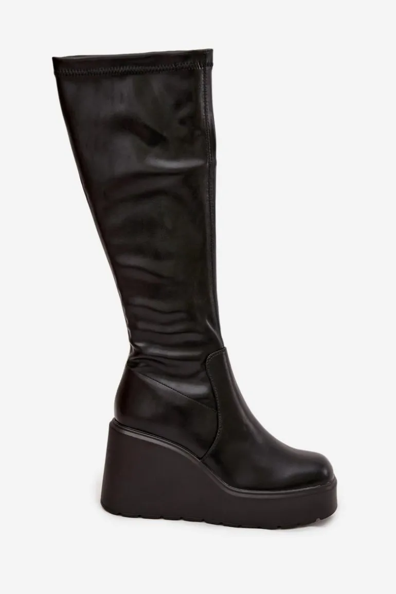 Kozaki Damskie Na Koturnie Czarne Terisse