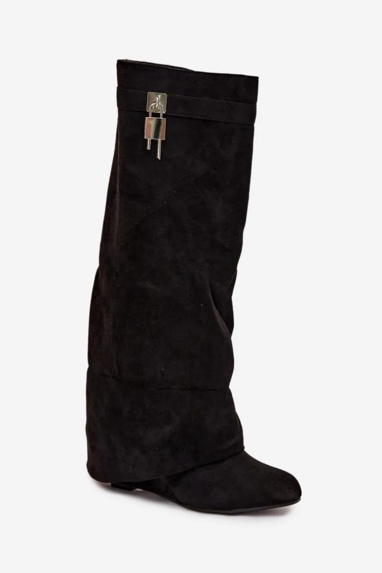 Kozaki Damskie Na Koturnie Z Paskiem I Srebrnym Detalem Czarne Korivelle