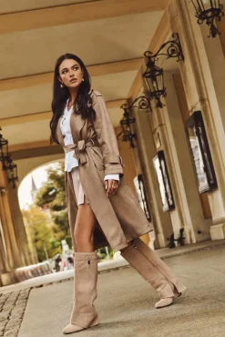 Kozaki Damskie Na Koturnie Z Paskiem I Srebrnym Detalem Beżowe Korivelle