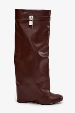 Kozaki Damskie Na Koturnie Z Paskiem I Srebrnym Detalem Eko Skórzane Brązowe Korivelle