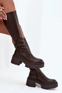 Kozaki Damskie Na Masywnym Obcasie I Platformie Wsuwane Brązowe Florinne