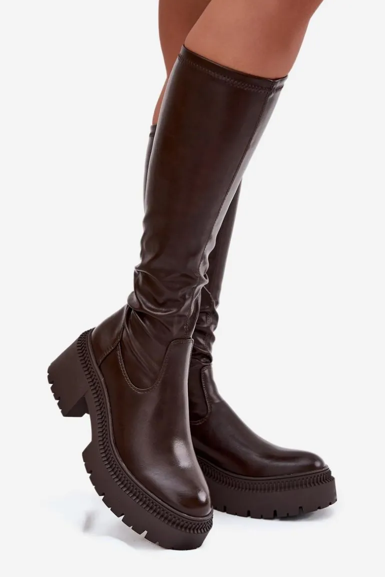 Kozaki Damskie Na Masywnym Obcasie I Platformie Wsuwane Brązowe Florinne