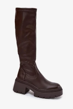 Kozaki Damskie Na Masywnym Obcasie I Platformie Wsuwane Brązowe Florinne