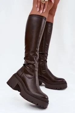 Kozaki Damskie Na Masywnym Obcasie I Platformie Wsuwane Brązowe Florinne