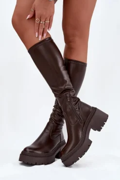 Kozaki Damskie Na Masywnym Obcasie I Platformie Wsuwane Brązowe Florinne