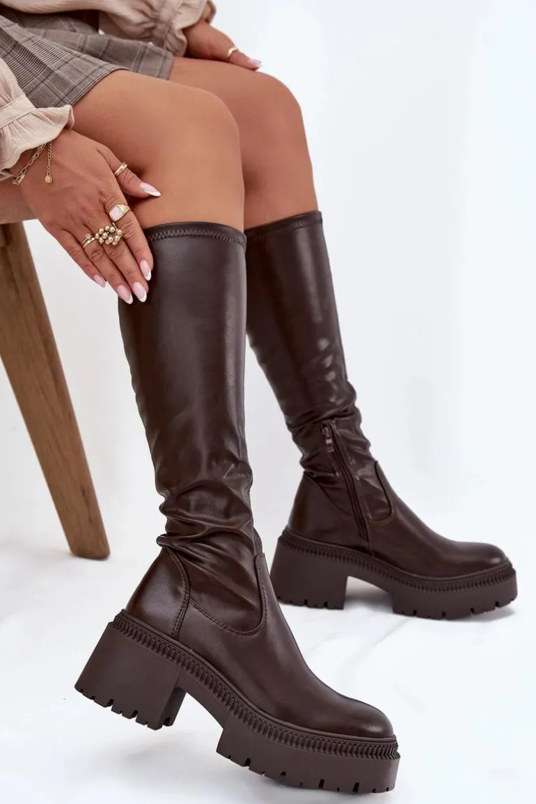 Kozaki Damskie Na Masywnym Obcasie I Platformie Wsuwane Brązowe Florinne