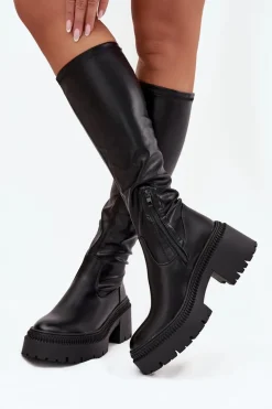 Kozaki Damskie Na Masywnym Obcasie I Platformie Wsuwane Czarne Florinne