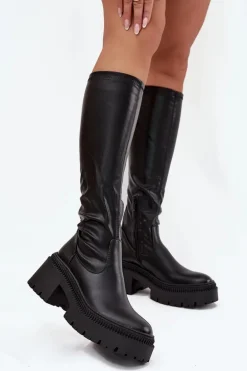 Kozaki Damskie Na Masywnym Obcasie I Platformie Wsuwane Czarne Florinne