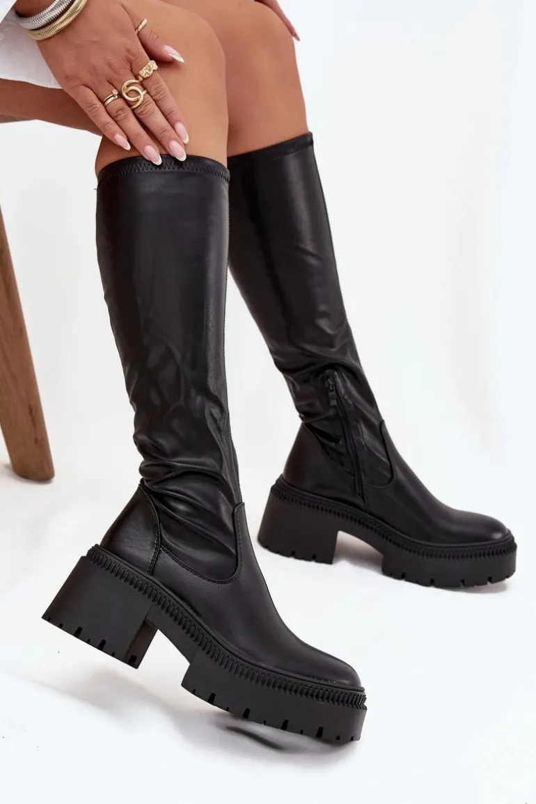 Kozaki Damskie Na Masywnym Obcasie I Platformie Wsuwane Czarne Florinne