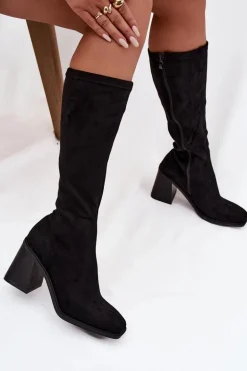 Kozaki Damskie Na Masywnym Słupku Eko Zamszowe Czarne Traven