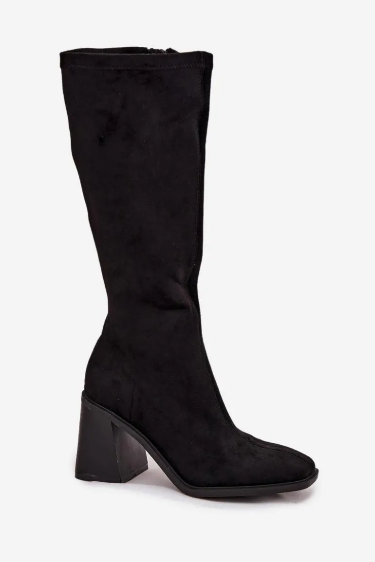 Kozaki Damskie Na Masywnym Słupku Eko Zamszowe Czarne Traven