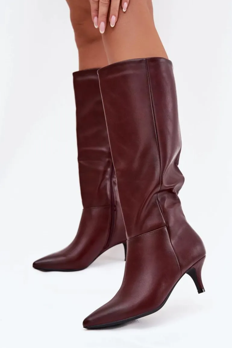 Kozaki Damskie Na Niskiej Szpilce Ocieplane Z Eko Skóry Bordowe Marcellia