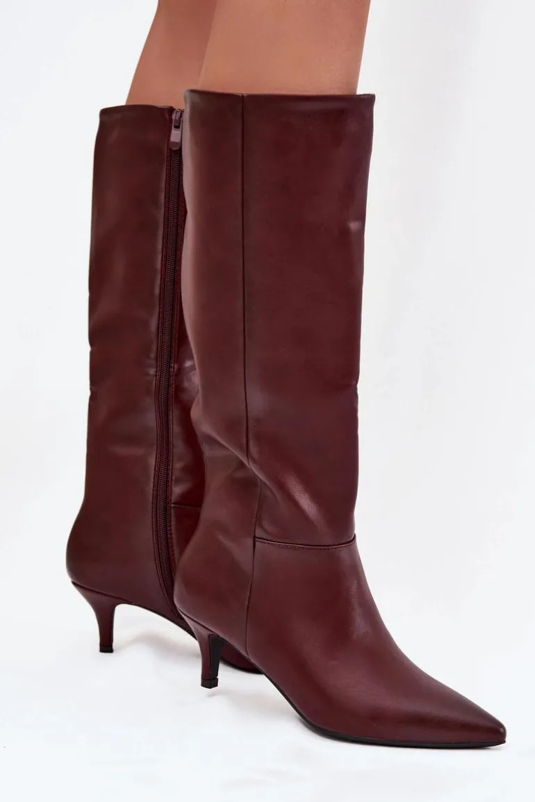 Kozaki Damskie Na Niskiej Szpilce Ocieplane Z Eko Skóry Bordowe Marcellia