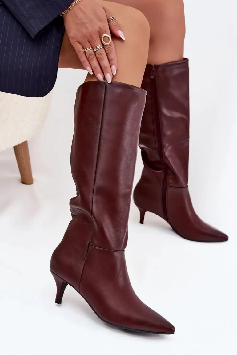 Kozaki Damskie Na Niskiej Szpilce Ocieplane Z Eko Skóry Bordowe Marcellia