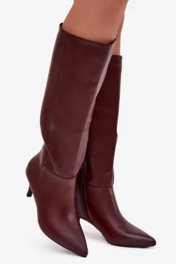 Kozaki Damskie Na Niskiej Szpilce Ocieplane Z Eko Skóry Bordowe Marcellia