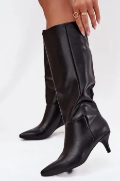 Kozaki Damskie Na Niskiej Szpilce Ocieplane Z Eko Skóry Czarne Marcellia
