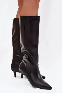 Kozaki Damskie Na Niskiej Szpilce Ocieplane Z Eko Skóry Czarne Marcellia