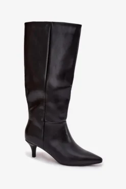 Kozaki Damskie Na Niskiej Szpilce Ocieplane Z Eko Skóry Czarne Marcellia