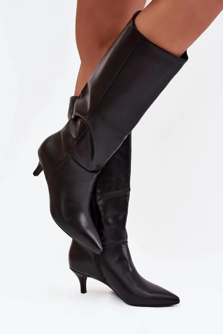 Kozaki Damskie Na Niskiej Szpilce Ocieplane Z Eko Skóry Czarne Marcellia