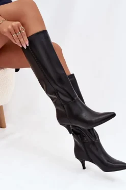 Kozaki Damskie Na Niskiej Szpilce Ocieplane Z Eko Skóry Czarne Marcellia