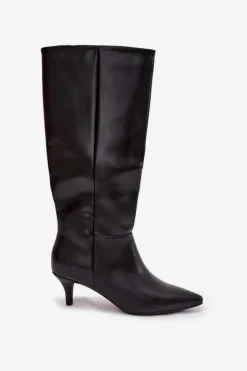 Kozaki Damskie Na Niskiej Szpilce Ocieplane Z Eko Skóry Czarne Marcellia