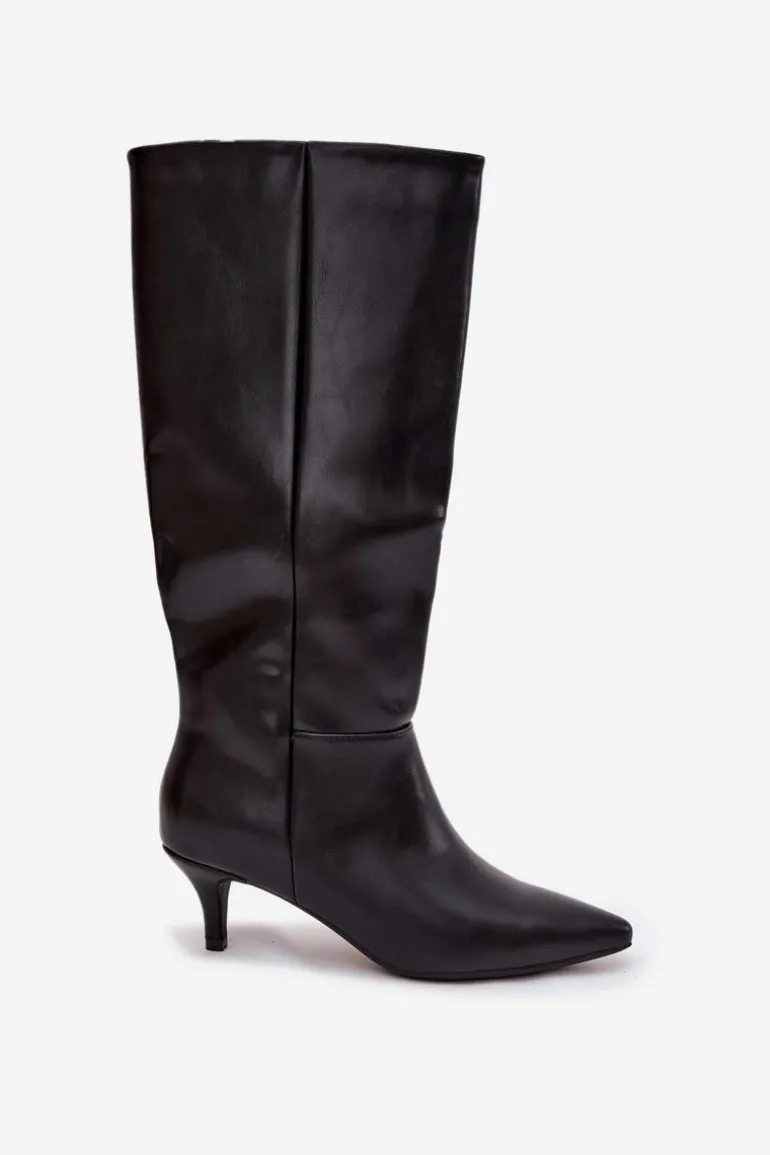 Kozaki Damskie Na Niskiej Szpilce Ocieplane Z Eko Skóry Czarne Marcellia