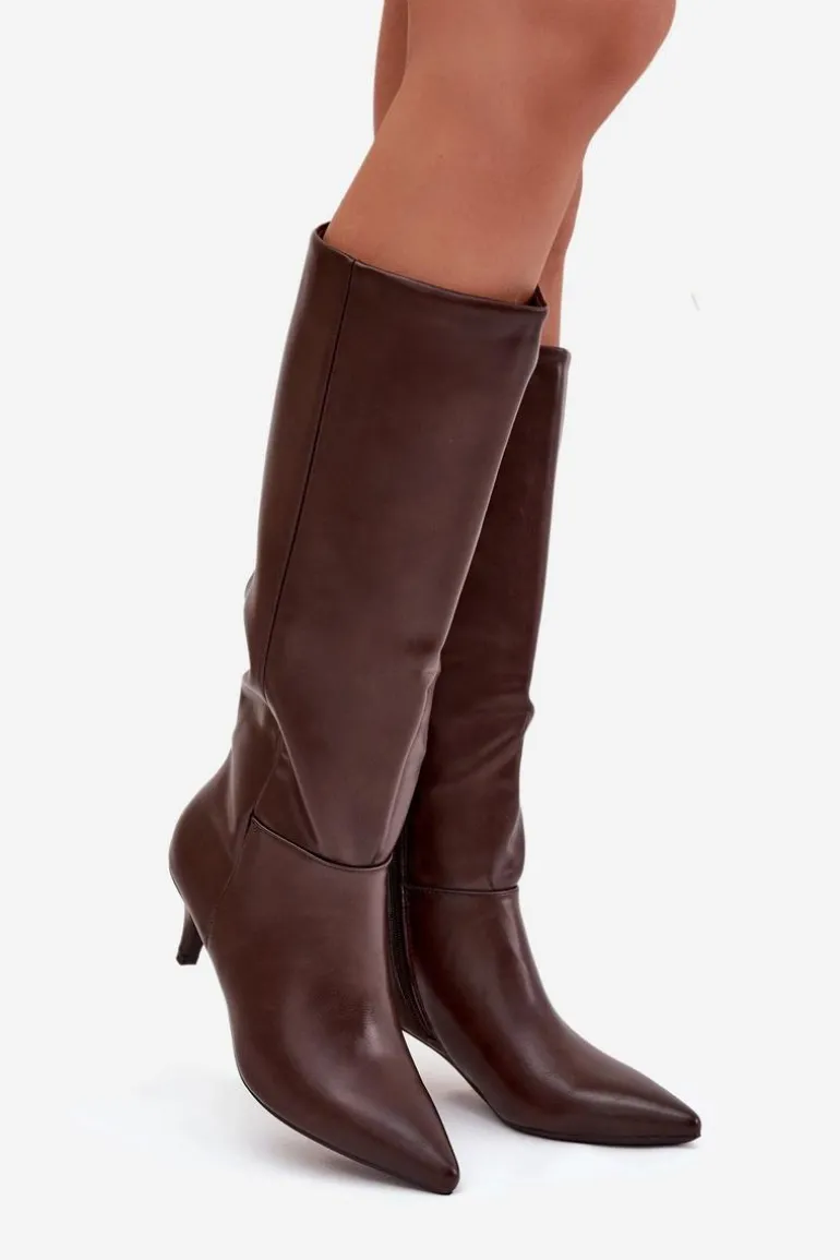 Kozaki Damskie Na Niskiej Szpilce Ocieplane Z Eko Skóry Czekoladowe Marcellia