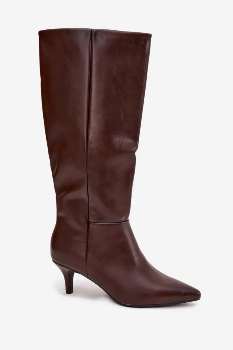 Kozaki Damskie Na Niskiej Szpilce Ocieplane Z Eko Skóry Czekoladowe Marcellia