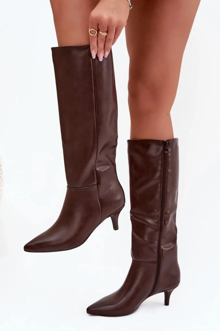 Kozaki Damskie Na Niskiej Szpilce Ocieplane Z Eko Skóry Czekoladowe Marcellia