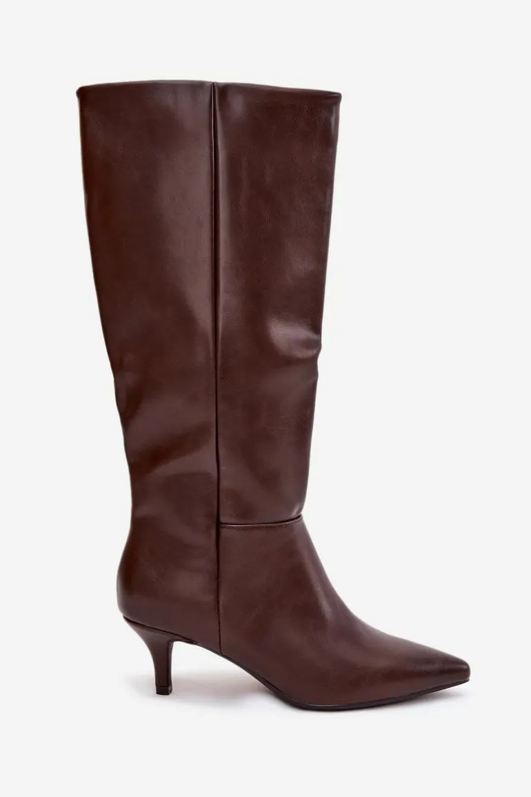 Kozaki Damskie Na Niskiej Szpilce Ocieplane Z Eko Skóry Czekoladowe Marcellia