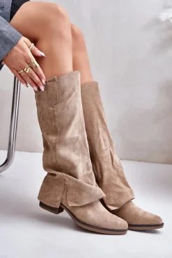 Kozaki Damskie Na Niskim Obcasie Z Wywiniętą Cholewką Beżowe Stinova