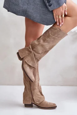 Kozaki Damskie Na Niskim Obcasie Z Wywiniętą Cholewką Beżowe Stinova