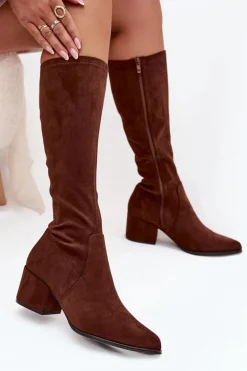 Kozaki Damskie Na Niskim Obcasie Eko Zamszowe Sergio Leone KZ212 Brązowe