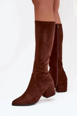 Kozaki Damskie Na Niskim Obcasie Eko Zamszowe Sergio Leone KZ212 Brązowe