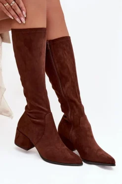 Kozaki Damskie Na Niskim Obcasie Eko Zamszowe Sergio Leone KZ212 Brązowe