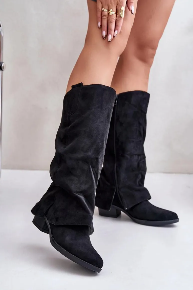 Kozaki Damskie Na Niskim Obcasie Z Wywiniętą Cholewką Czarne Stinova