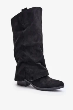 Kozaki Damskie Na Niskim Obcasie Z Wywiniętą Cholewką Czarne Stinova