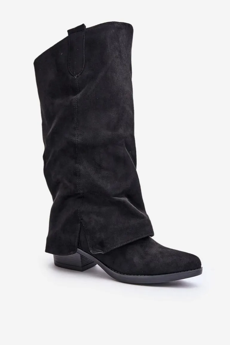 Kozaki Damskie Na Niskim Obcasie Z Wywiniętą Cholewką Czarne Stinova