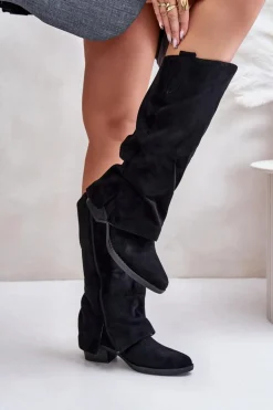 Kozaki Damskie Na Niskim Obcasie Z Wywiniętą Cholewką Czarne Stinova