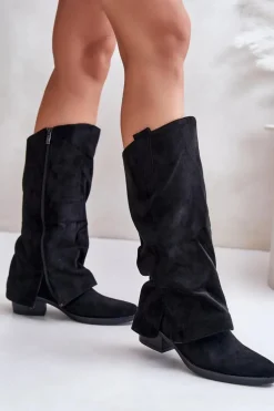 Kozaki Damskie Na Niskim Obcasie Z Wywiniętą Cholewką Czarne Stinova