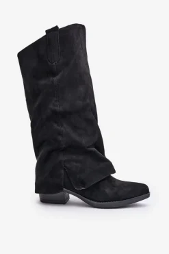 Kozaki Damskie Na Niskim Obcasie Z Wywiniętą Cholewką Czarne Stinova