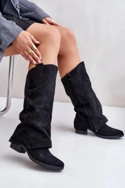 Kozaki Damskie Na Niskim Obcasie Z Wywiniętą Cholewką Czarne Stinova