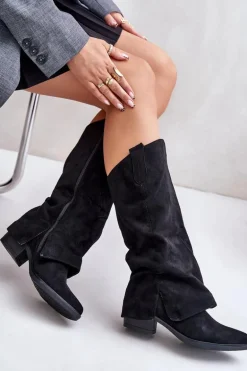 Kozaki Damskie Na Niskim Obcasie Z Wywiniętą Cholewką Czarne Stinova