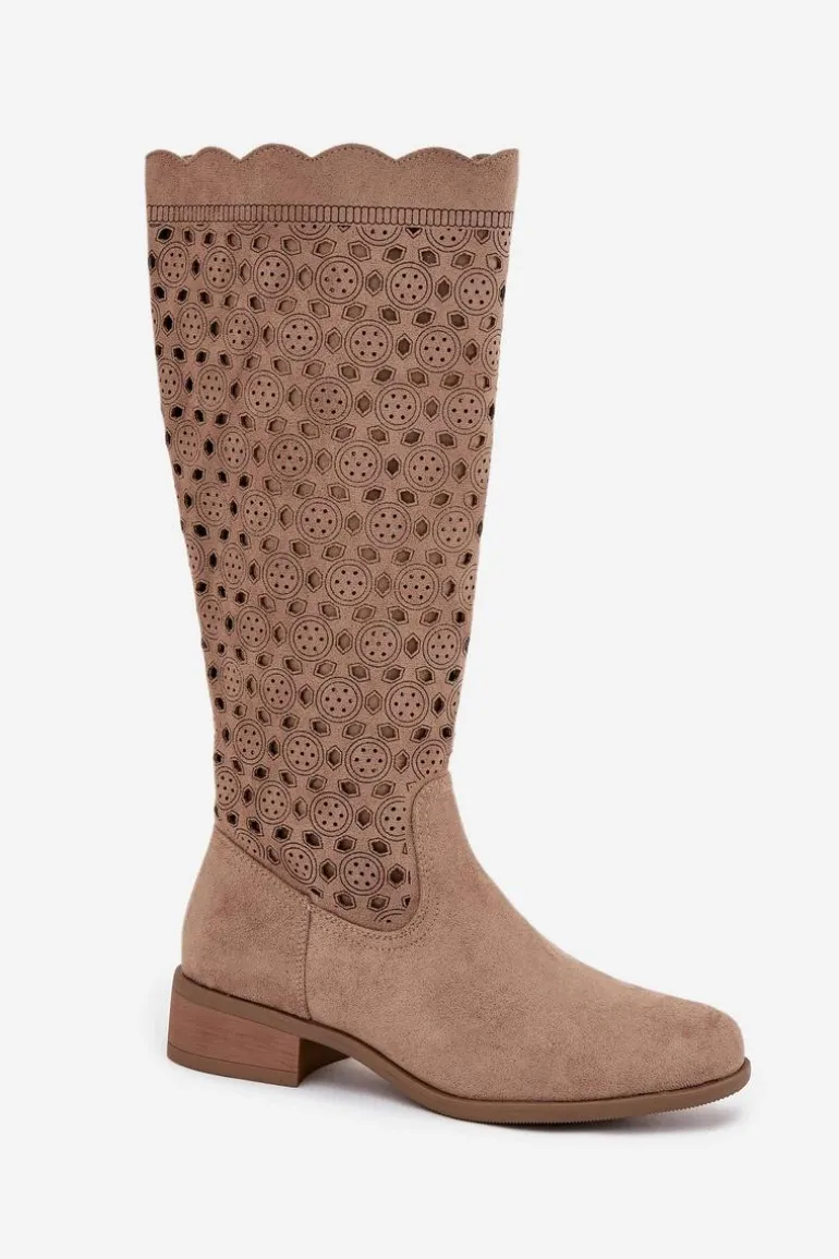 Kozaki Damskie Na Niskim Obcasie Z Ażurowym Wzorem Beżowe Marcelline