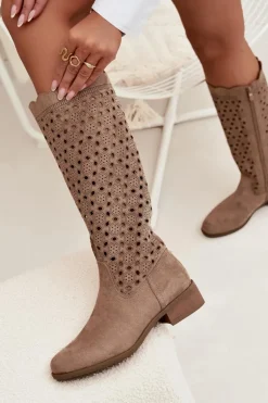 Kozaki Damskie Na Niskim Obcasie Z Ażurowym Wzorem Beżowe Marcelline