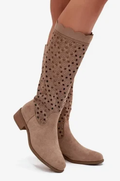 Kozaki Damskie Na Niskim Obcasie Z Ażurowym Wzorem Beżowe Marcelline