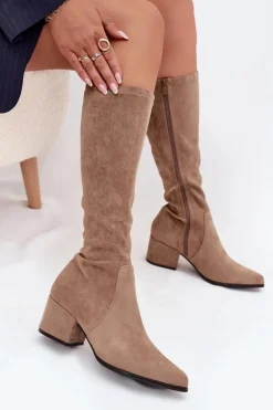 Kozaki Damskie Na Niskim Obcasie Eko Zamszowe Sergio Leone KZ212 Beżowe